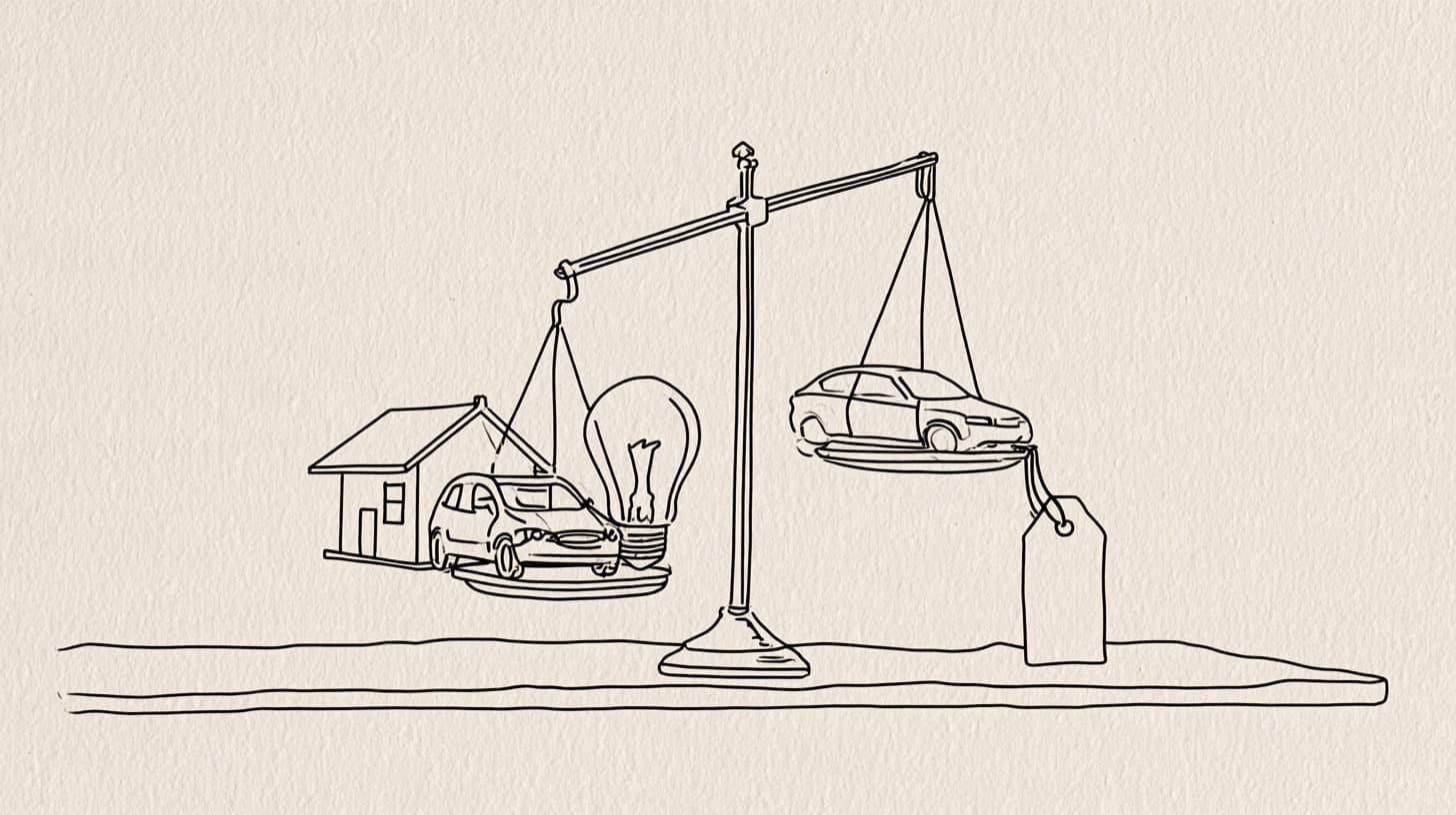 Illustration: a house, a car and a light bulb on a balance scale with a price tag
