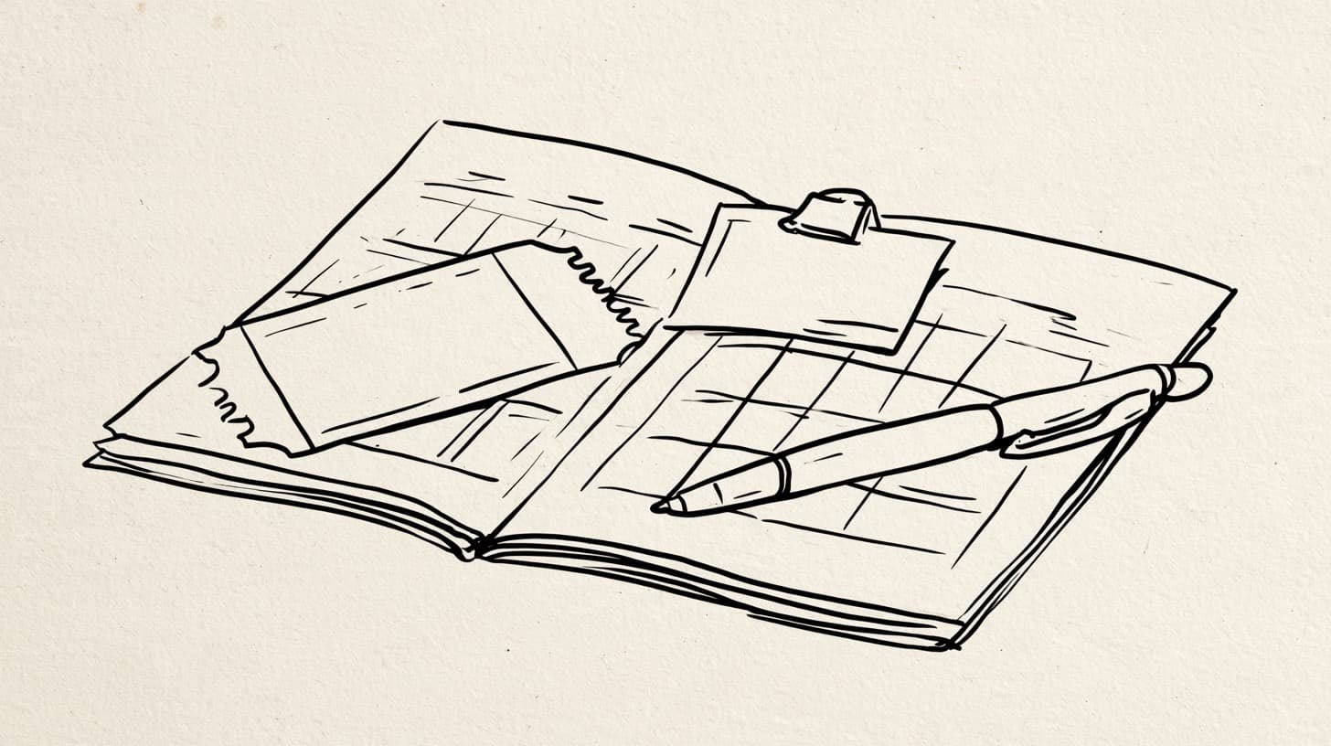 Illustration: an open planner with a ticket, a clipped appointment card and a pen