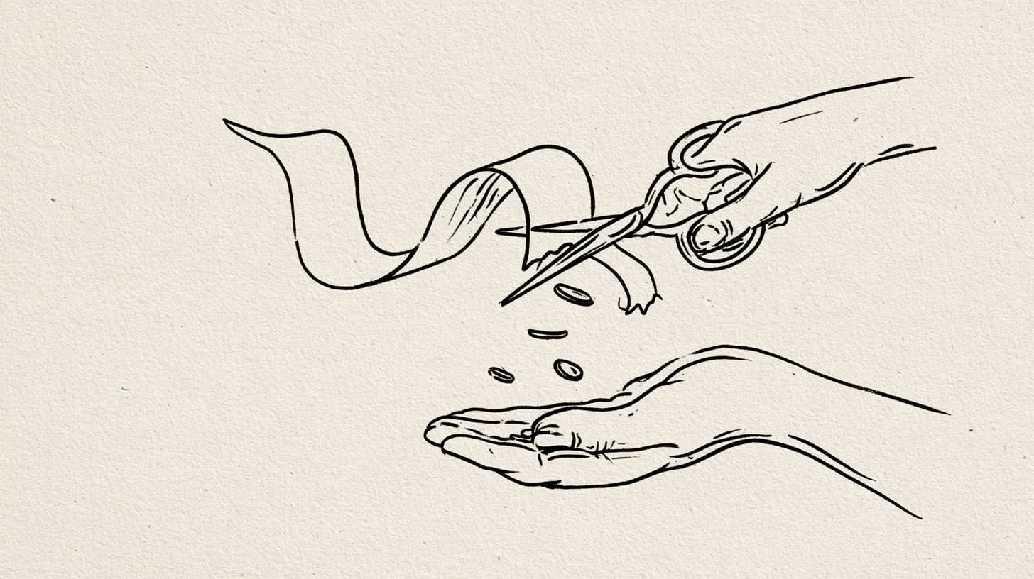 Illustration: scissors cut a long receipt while coins drop into an open hand