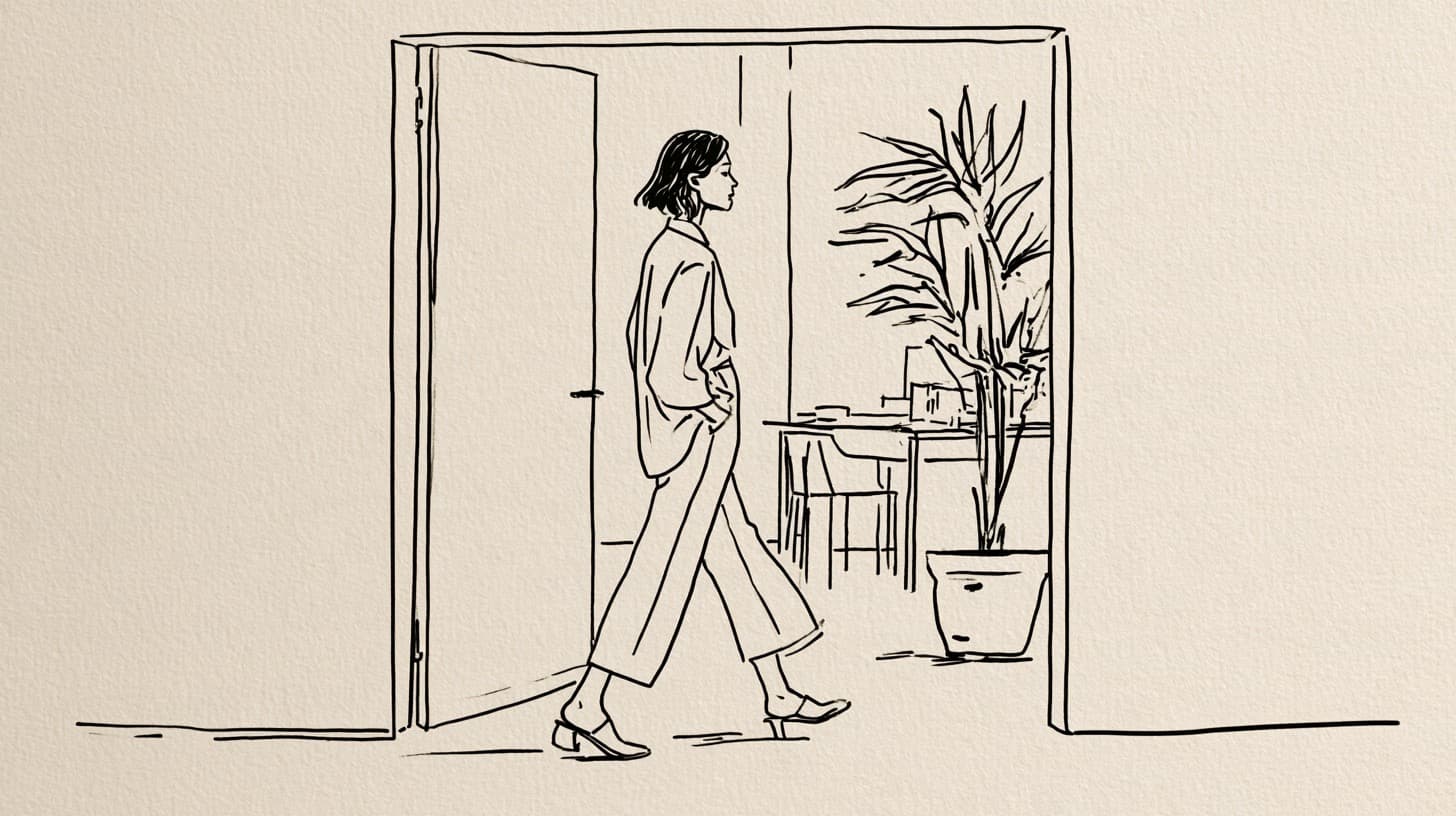 Illustration: a woman walks through an open door into a bright studio with a plant